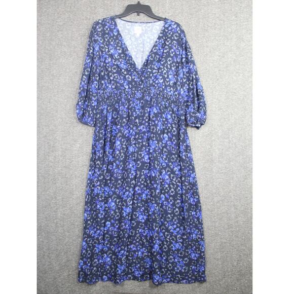 Gap Maternity Puff Sleeve Smocked Midi Dress size Large Blue - Picture 2 of 7